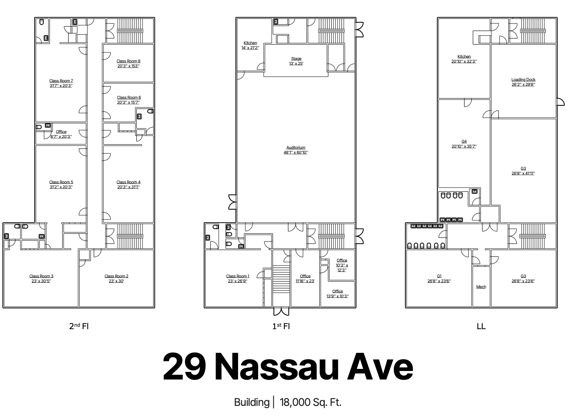 Floor plans of 29 Nassau Ave — second floor, first floor, and lower level
